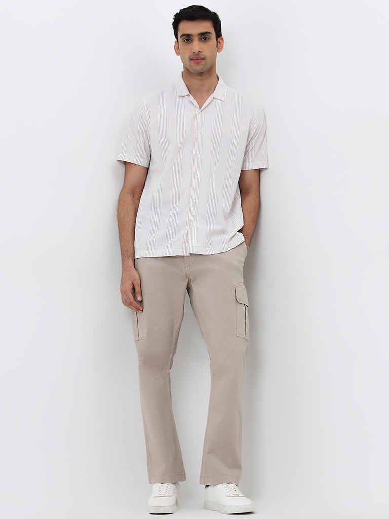 WES Casuals Beige Seersucker Relaxed-Fit Cotton Shirt