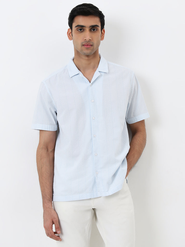 WES Casuals Light Blue Seersucker Relaxed-Fit Cotton Shirt