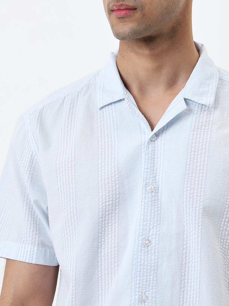 WES Casuals Light Blue Seersucker Relaxed-Fit Cotton Shirt