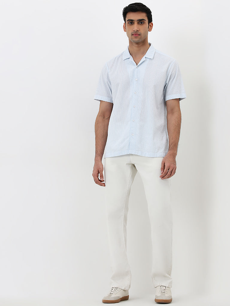 WES Casuals Light Blue Seersucker Relaxed-Fit Cotton Shirt