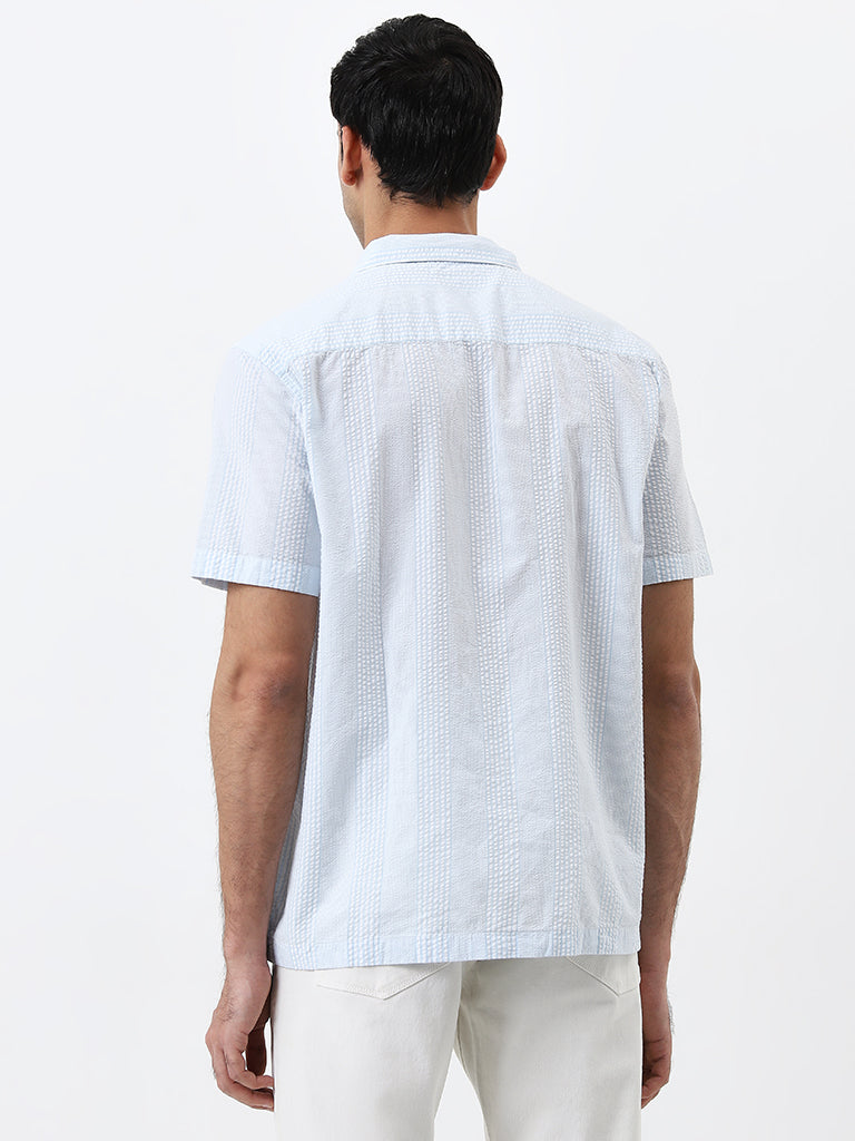 WES Casuals Light Blue Seersucker Relaxed-Fit Cotton Shirt