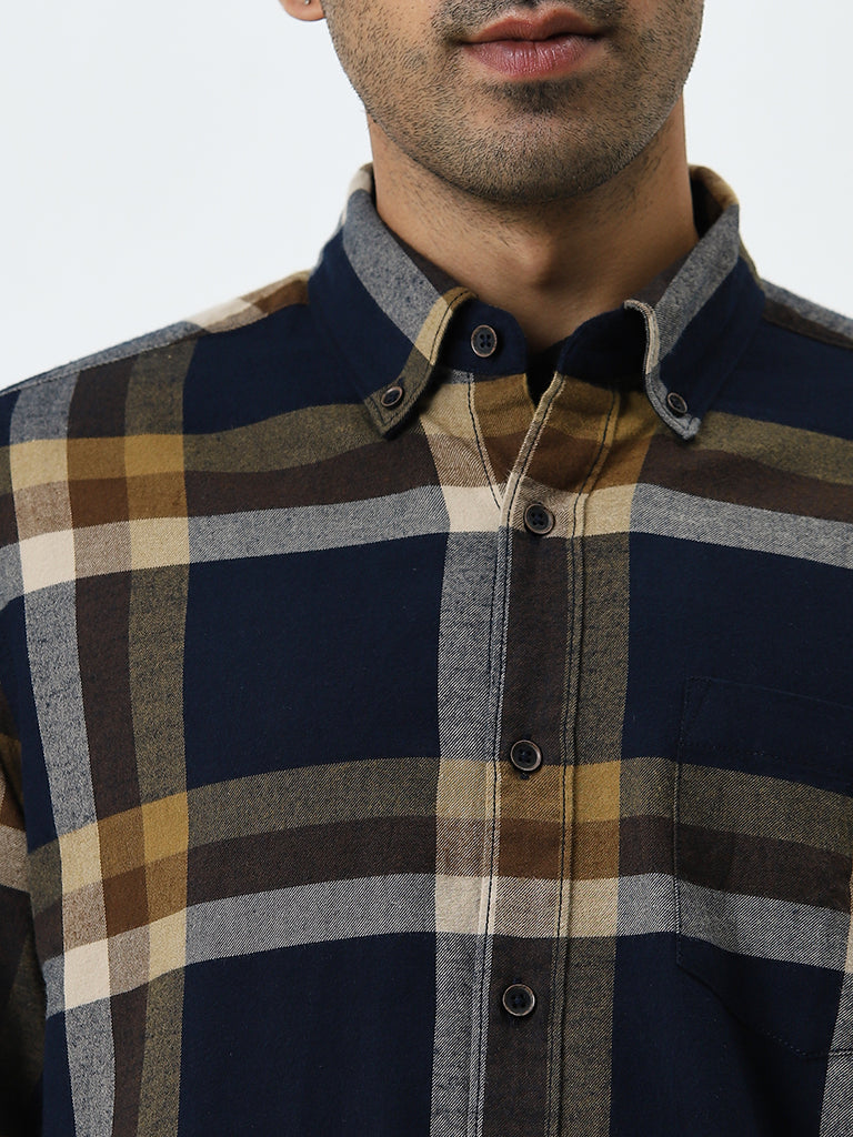 WES Casuals Navy Checkered Relaxed-Fit Cotton Shirt