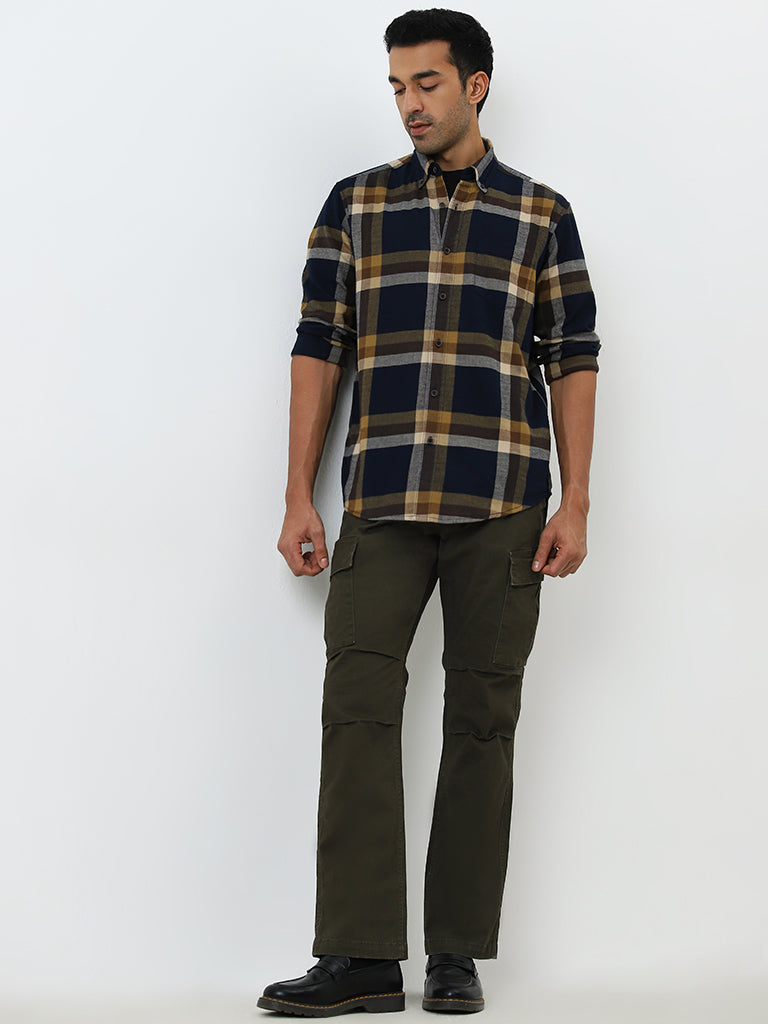 WES Casuals Navy Checkered Relaxed-Fit Cotton Shirt