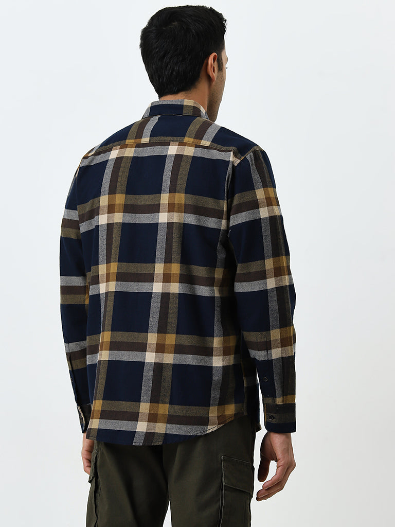 WES Casuals Navy Checkered Relaxed-Fit Cotton Shirt