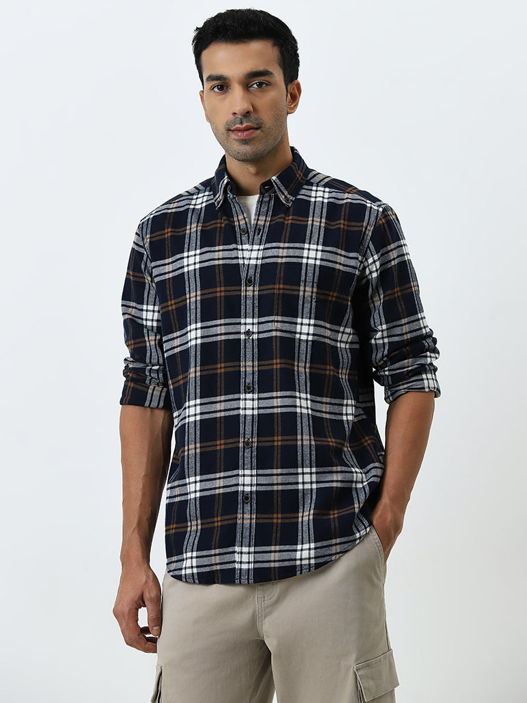 WES Casuals Navy Plaid Relaxed-Fit Cotton Shirt