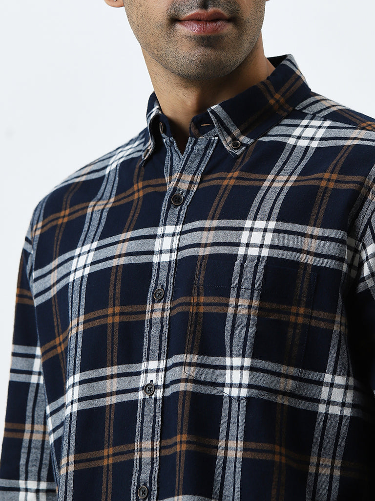 WES Casuals Navy Plaid Relaxed-Fit Cotton Shirt