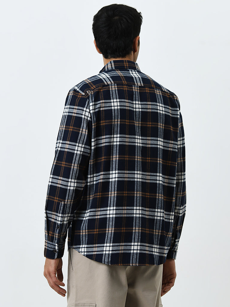 WES Casuals Navy Plaid Relaxed-Fit Cotton Shirt