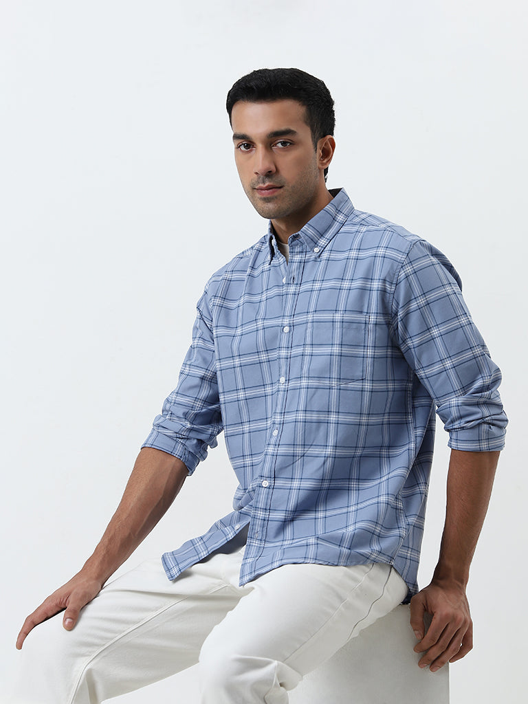 WES Casuals Blue Checkered Relaxed-Fit Cotton Shirt