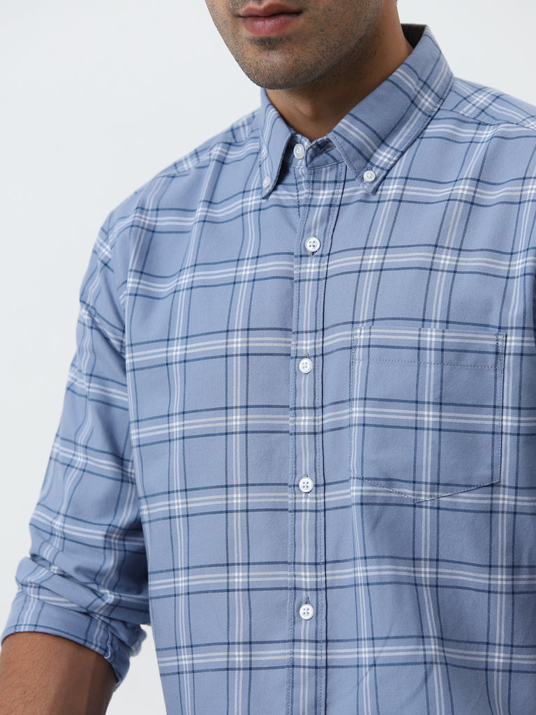 WES Casuals Blue Checkered Relaxed-Fit Cotton Shirt