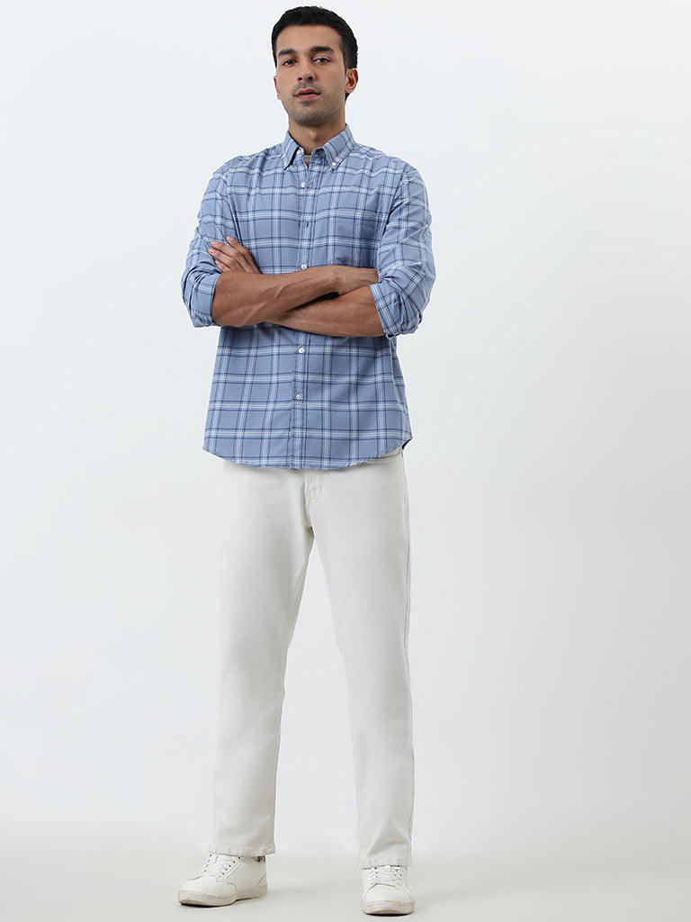 WES Casuals Blue Checkered Relaxed-Fit Cotton Shirt