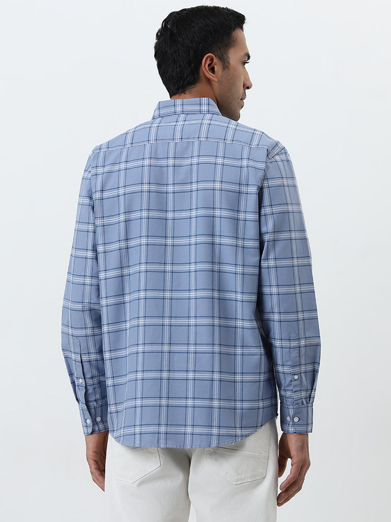 WES Casuals Blue Checkered Relaxed-Fit Cotton Shirt