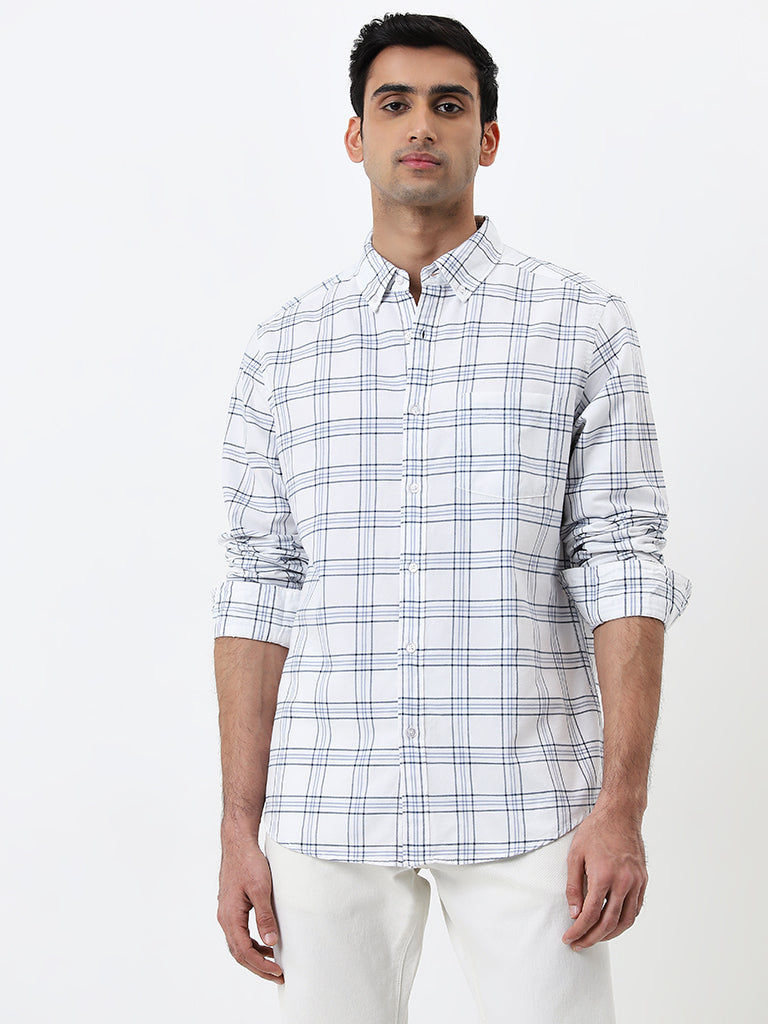 WES Casuals White Checkered Relaxed-Fit Cotton Shirt