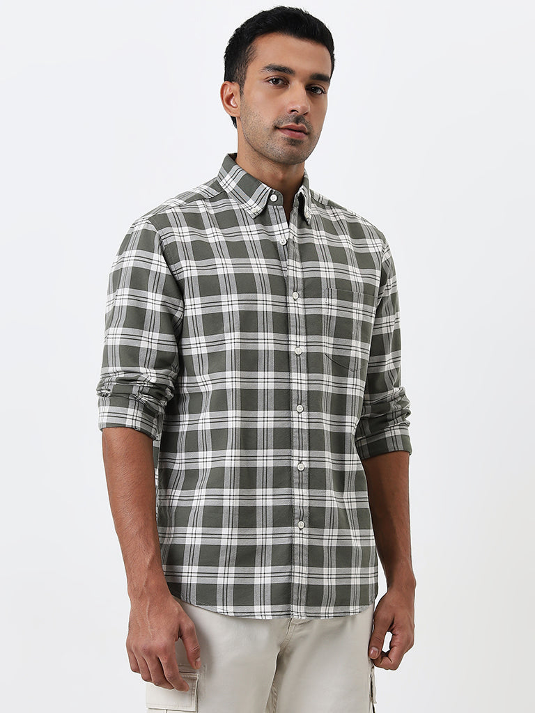 WES Casuals Olive Checks Printed Relaxed-Fit Cotton Shirt