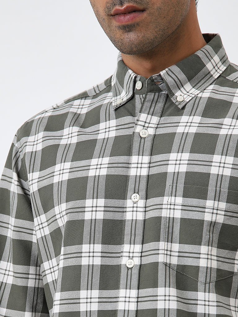 WES Casuals Olive Checks Printed Relaxed-Fit Cotton Shirt