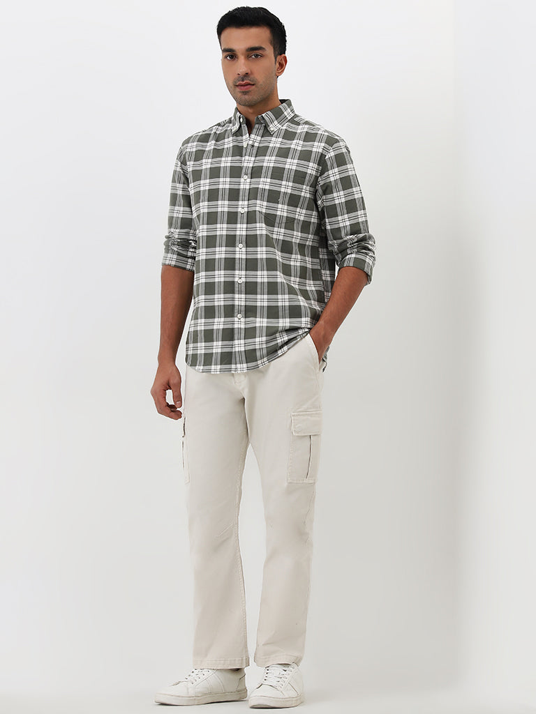 WES Casuals Olive Checks Printed Relaxed-Fit Cotton Shirt