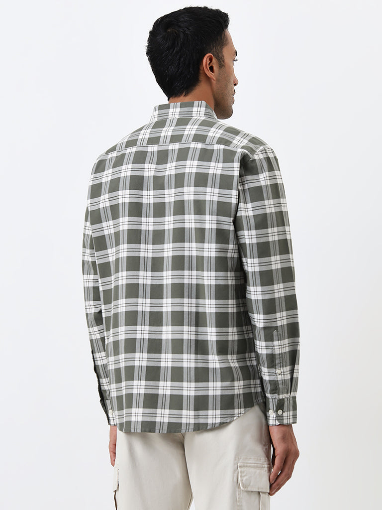 WES Casuals Olive Checks Printed Relaxed-Fit Cotton Shirt