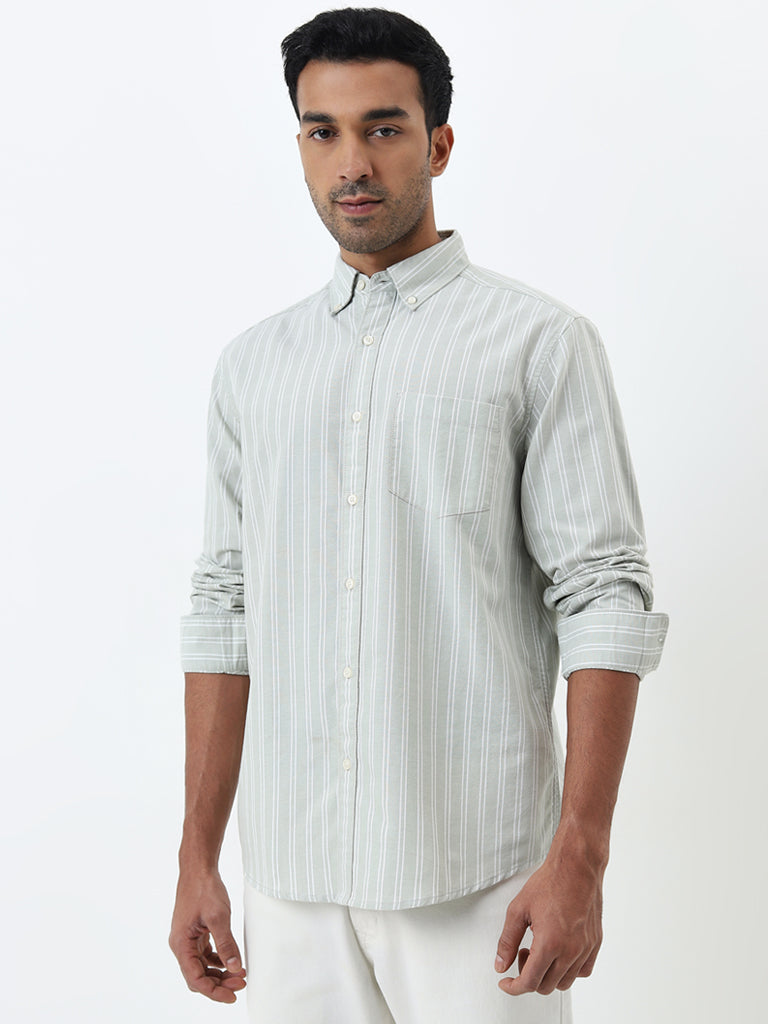 WES Casuals Pastel Green Striped Relaxed-Fit Cotton Shirt