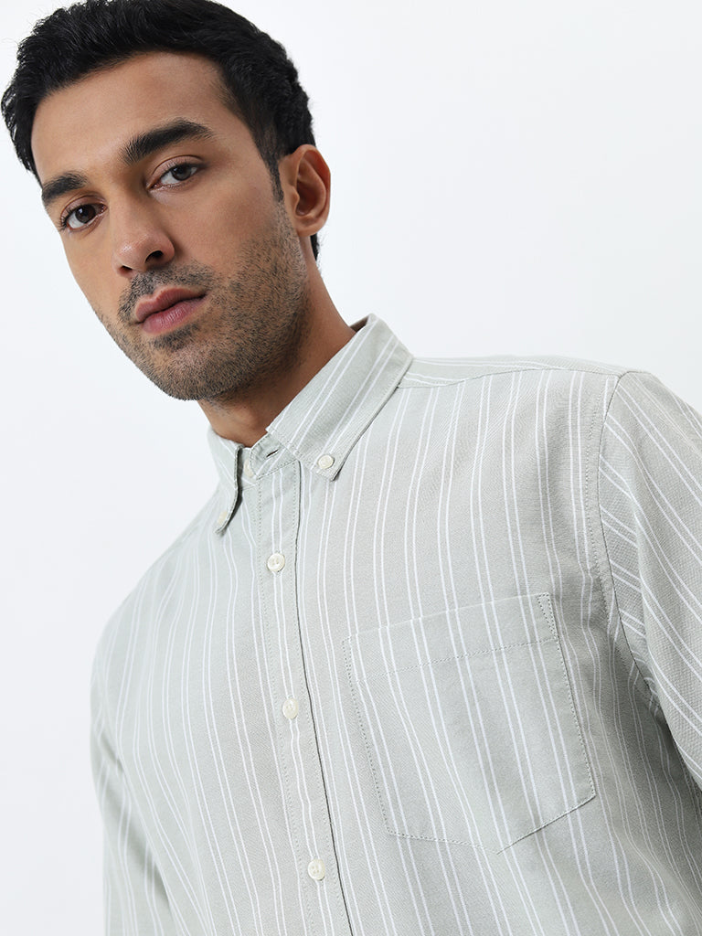 WES Casuals Pastel Green Striped Relaxed-Fit Cotton Shirt