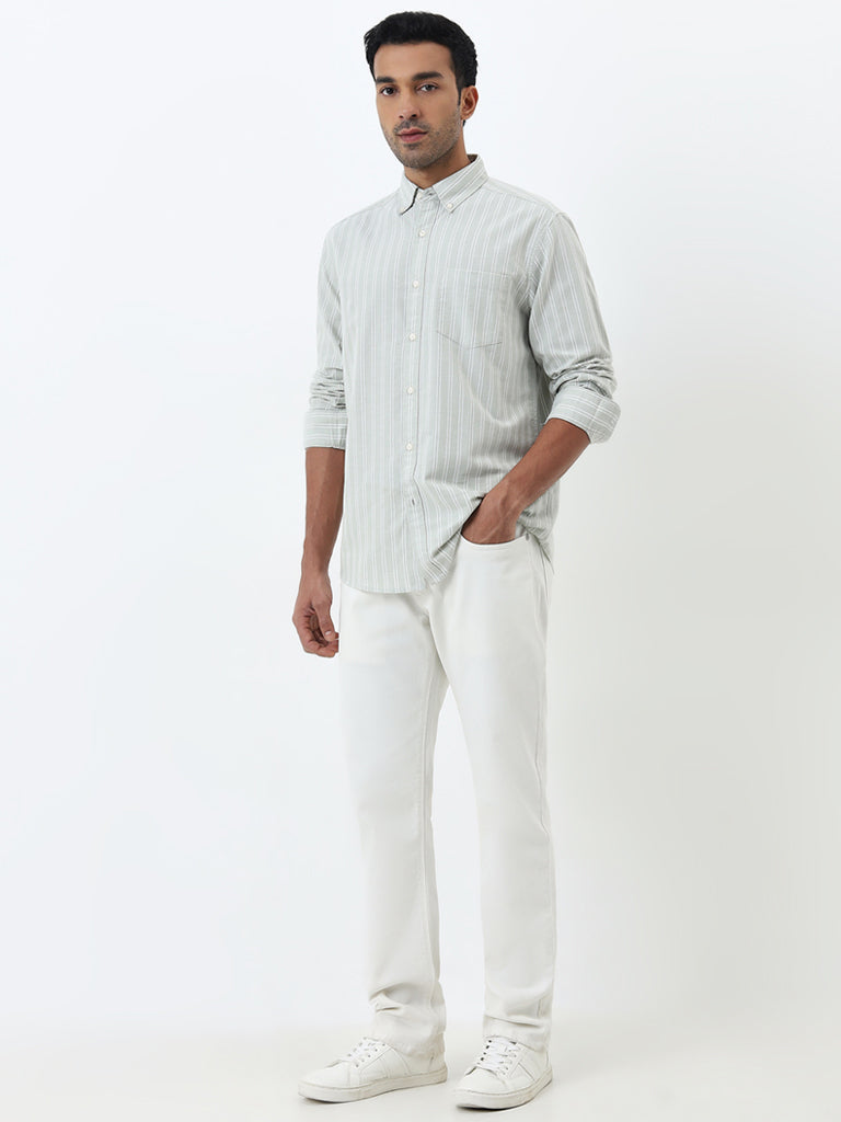 WES Casuals Pastel Green Striped Relaxed-Fit Cotton Shirt