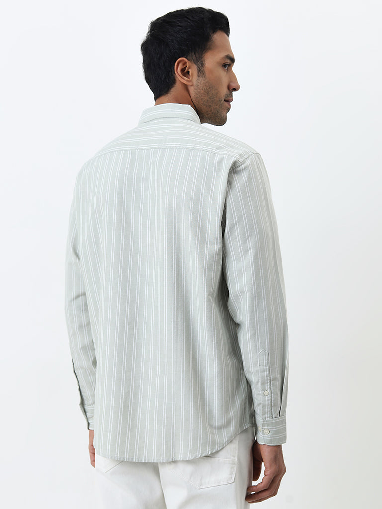 WES Casuals Pastel Green Striped Relaxed-Fit Cotton Shirt