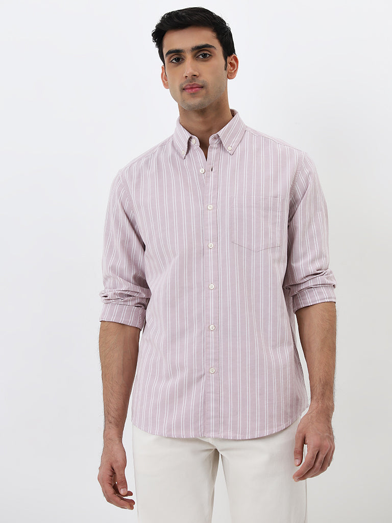 WES Casuals Light Pink Striped Relaxed-Fit Cotton Shirt