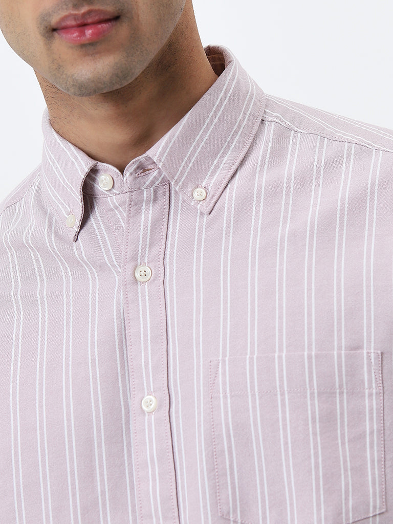 WES Casuals Light Pink Striped Relaxed-Fit Cotton Shirt