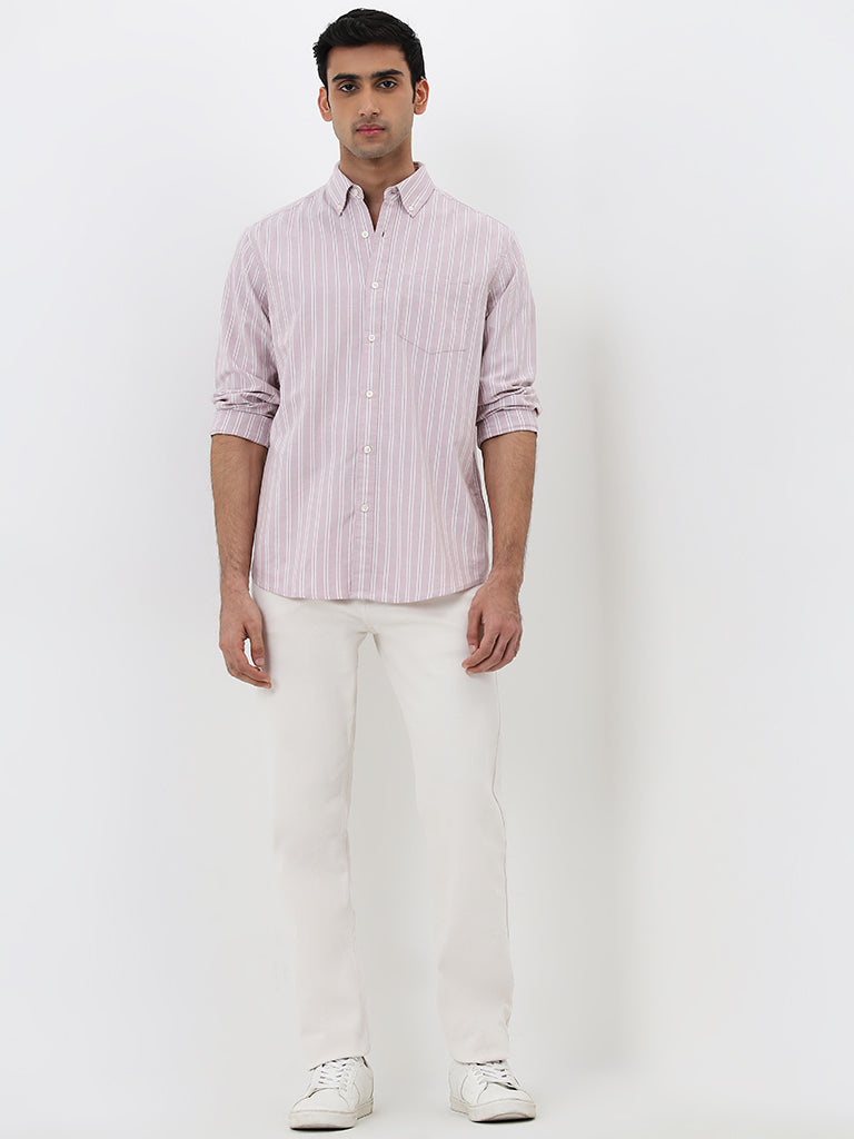 WES Casuals Light Pink Striped Relaxed-Fit Cotton Shirt