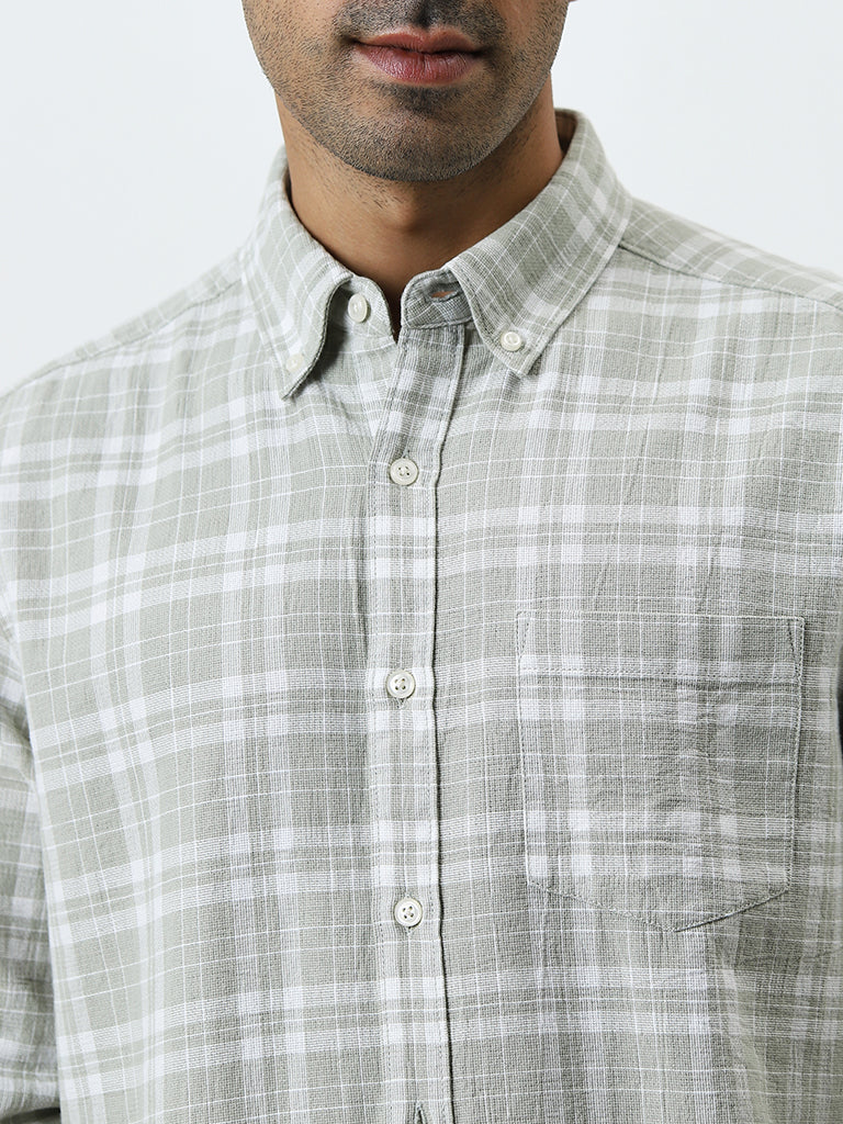 WES Casuals Light Sage Plaid Checks Relaxed-Fit Cotton Shirt