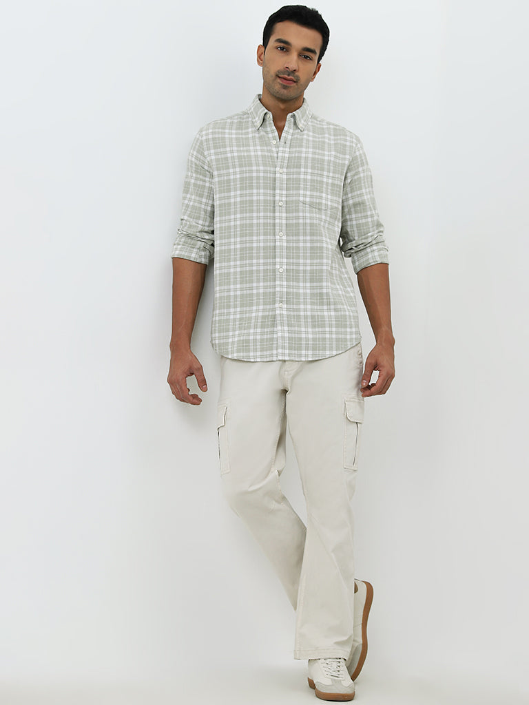 WES Casuals Light Sage Plaid Checks Relaxed-Fit Cotton Shirt