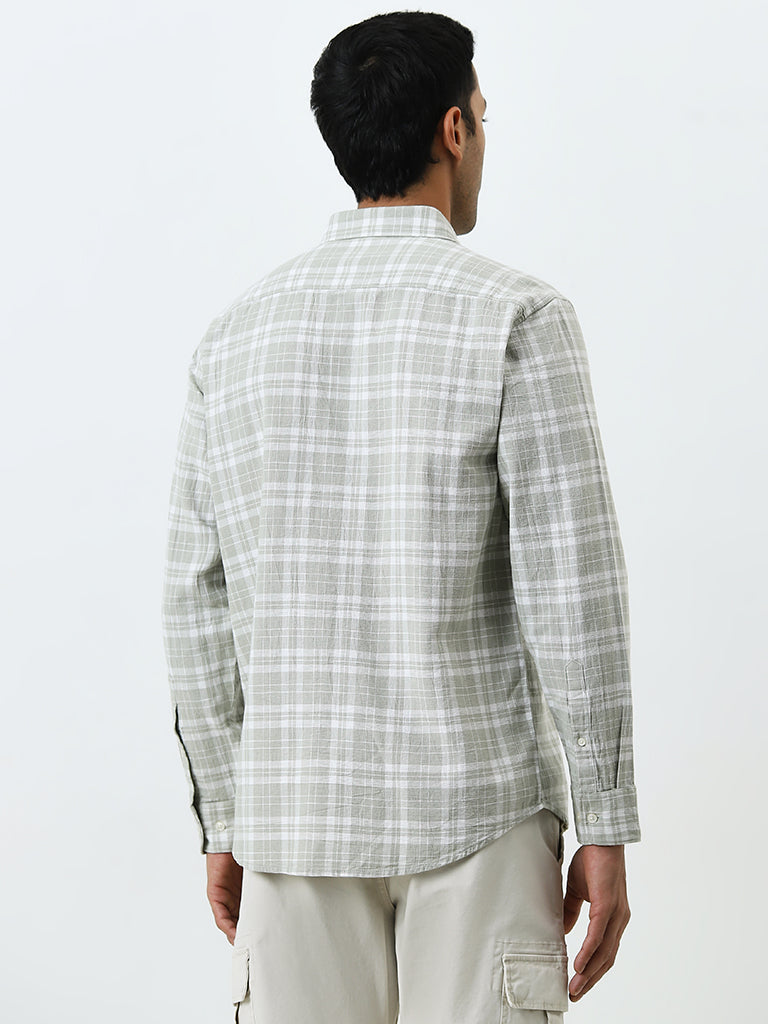 WES Casuals Light Sage Plaid Checks Relaxed-Fit Cotton Shirt