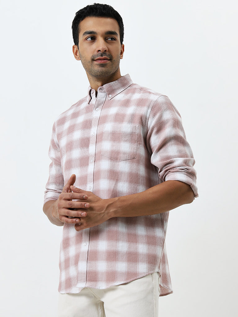 WES Casuals Pink Checkered Relaxed-Fit Cotton Shirt