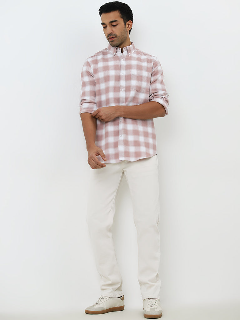 WES Casuals Pink Checkered Relaxed-Fit Cotton Shirt