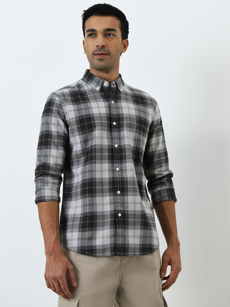 WES Casuals Charcoal Checkered Relaxed-Fit Shirt