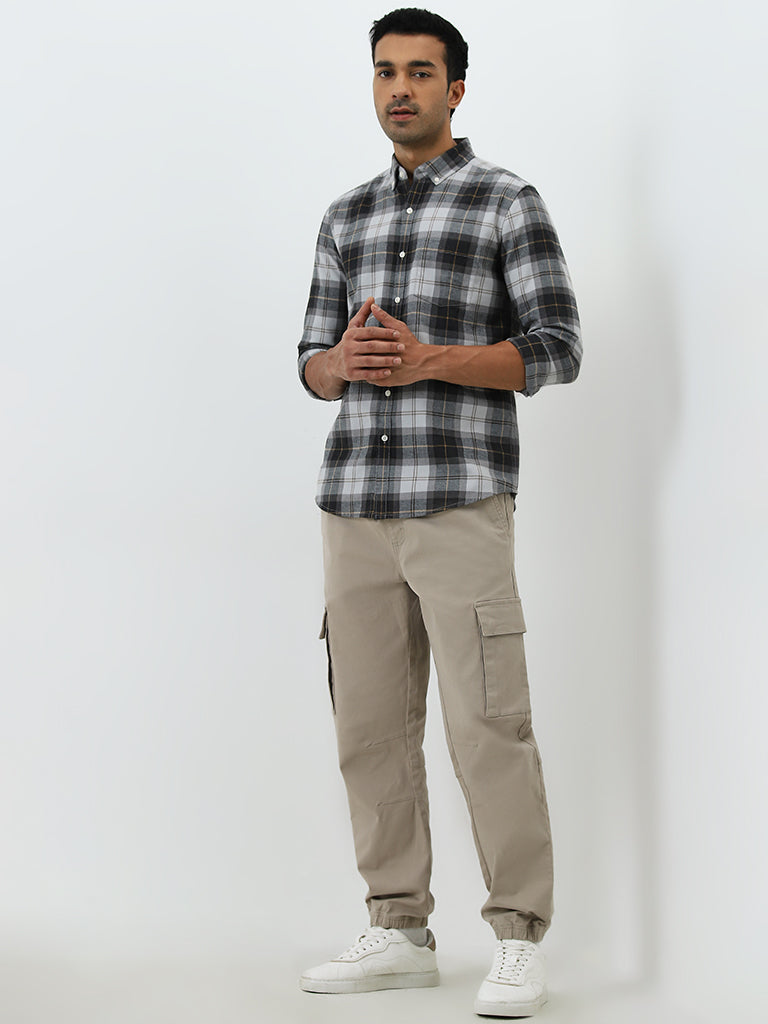 WES Casuals Charcoal Checkered Relaxed-Fit Shirt