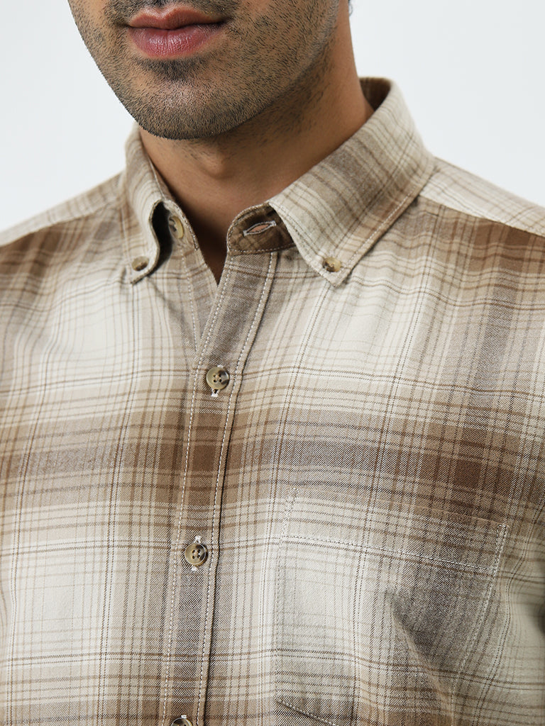 WES Casuals Beige Checkered Slim-Fit Cotton Shirt