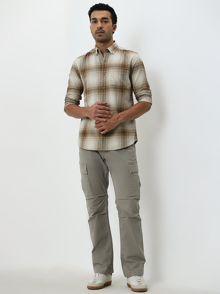 WES Casuals Beige Checkered Slim-Fit Cotton Shirt