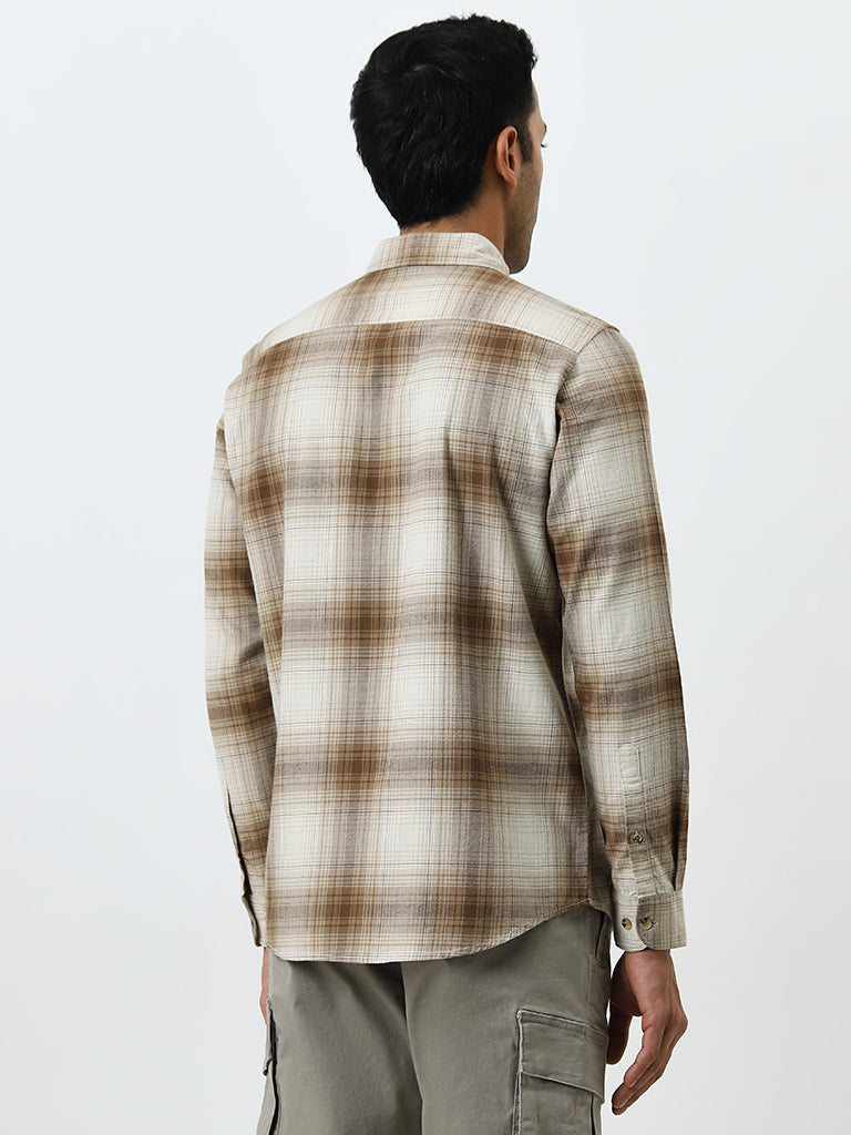 WES Casuals Beige Checkered Slim-Fit Cotton Shirt