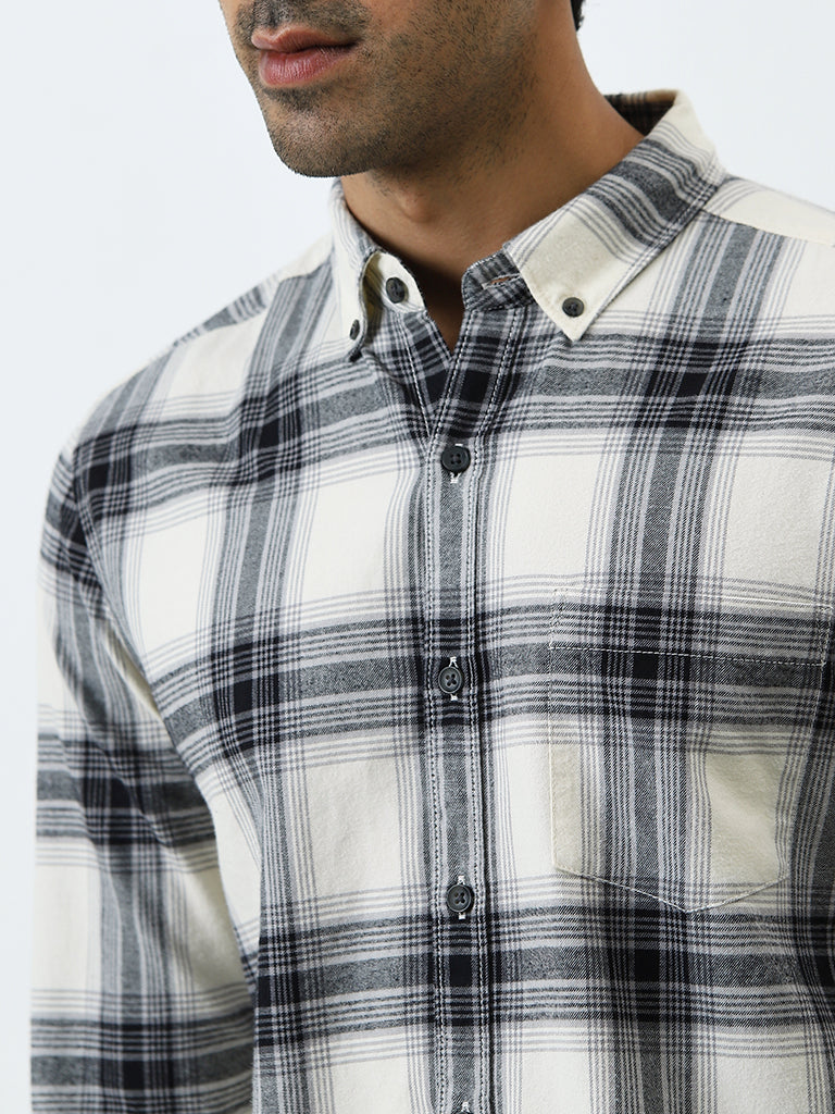 WES Casuals Black Tartan Checks Slim-Fit Cotton Shirt