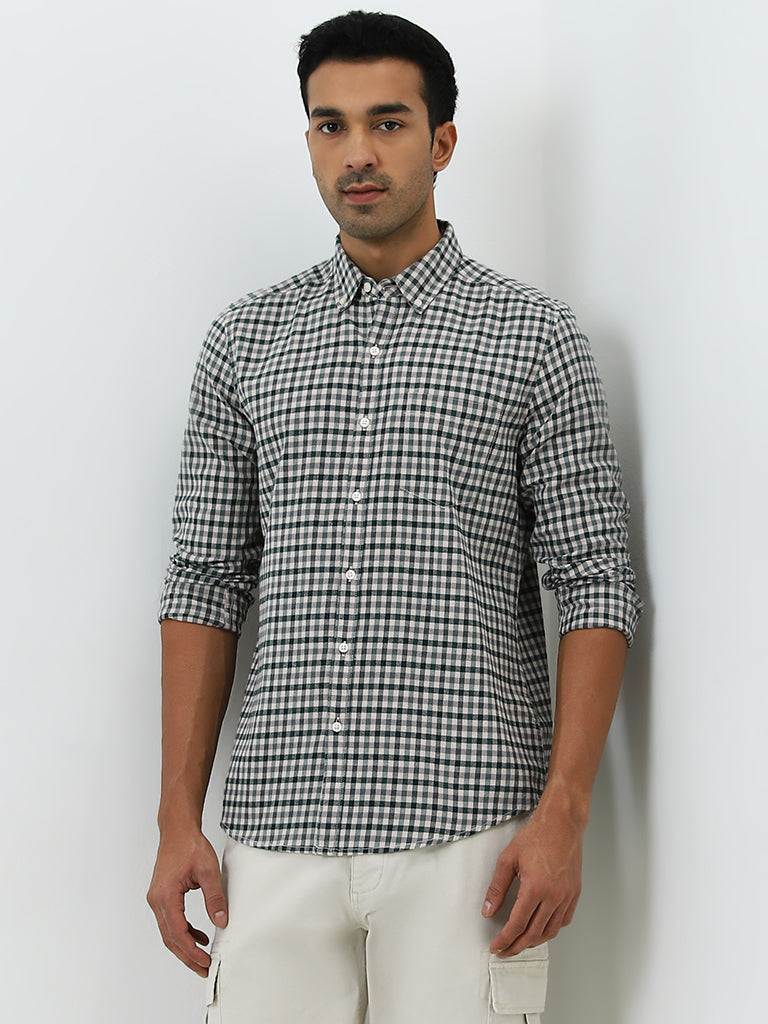 WES Casuals Green Gingham Checkered Slim-Fit Cotton Shirt