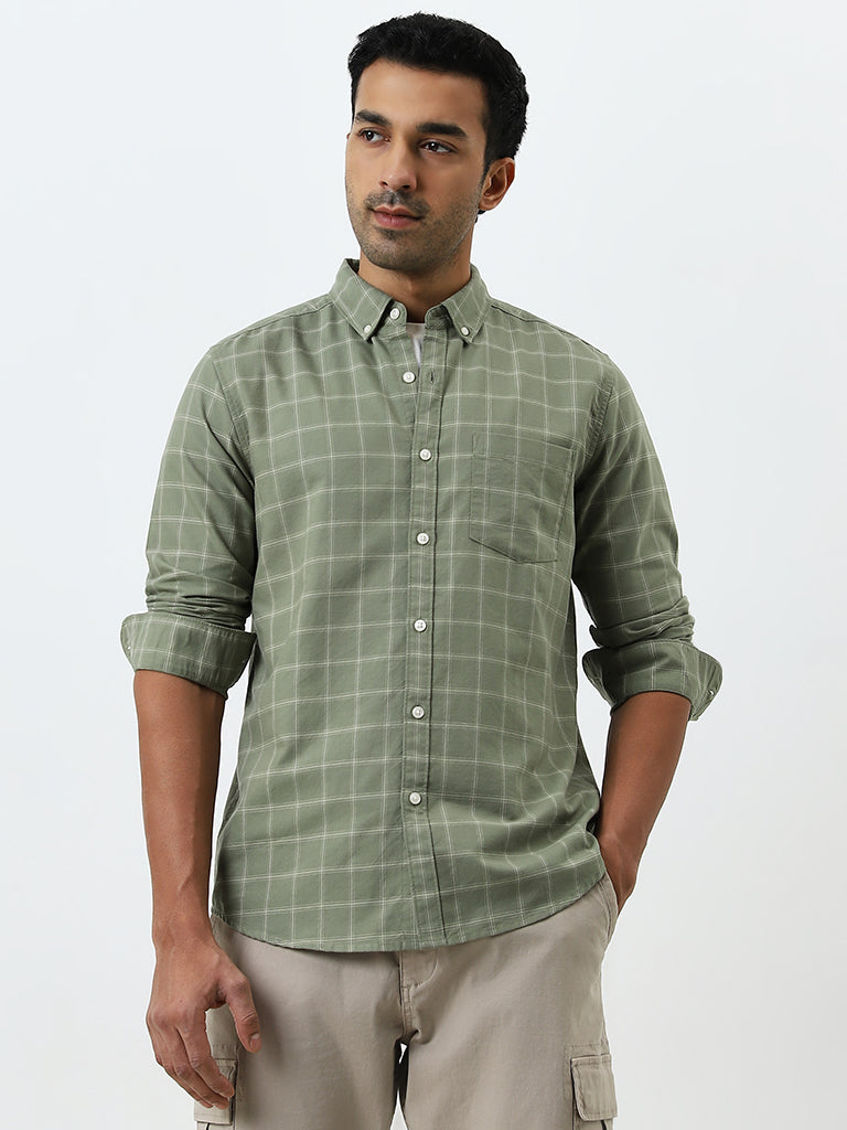 WES Casuals Light Green Checkered Slim-Fit Cotton Shirt