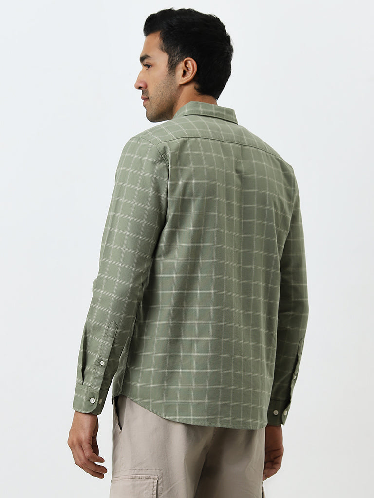 WES Casuals Light Green Checkered Slim-Fit Cotton Shirt