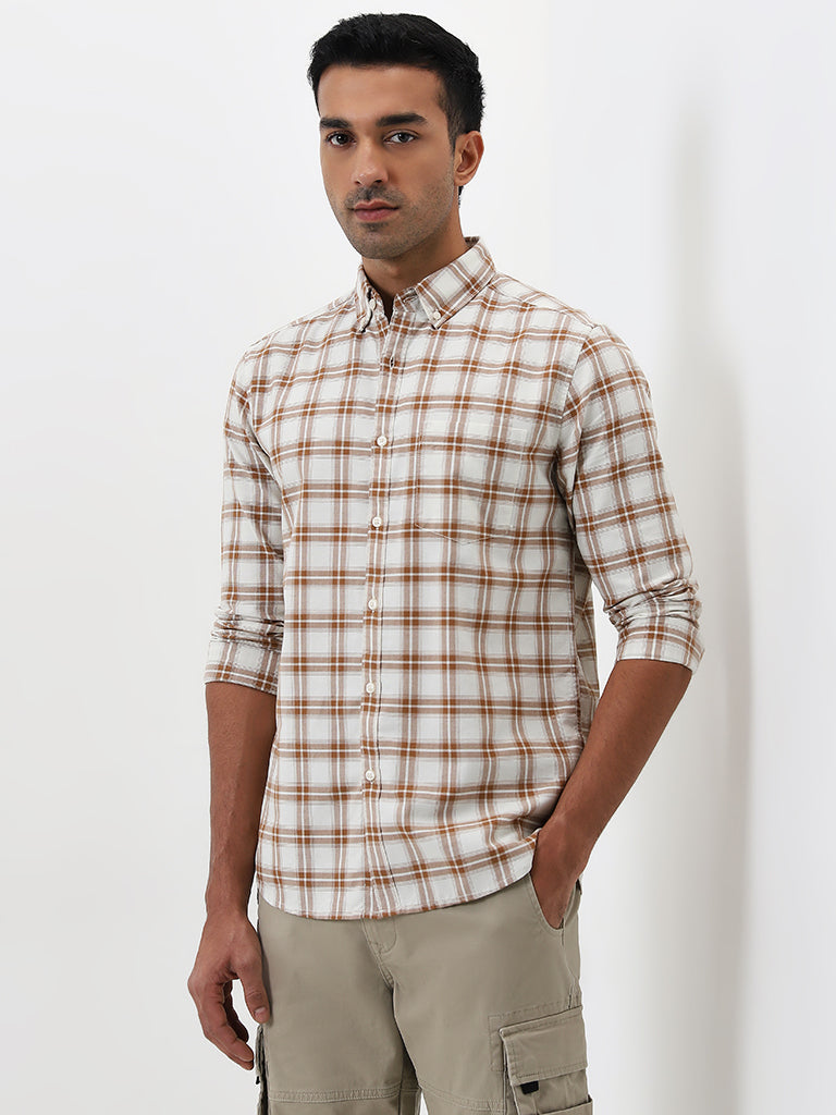 WES Casuals Light Brown Checks Design Slim Fit Cotton Shirt