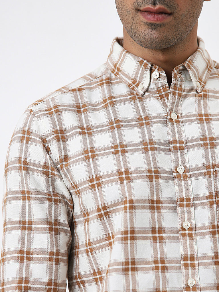 WES Casuals Light Brown Checks Design Slim Fit Cotton Shirt