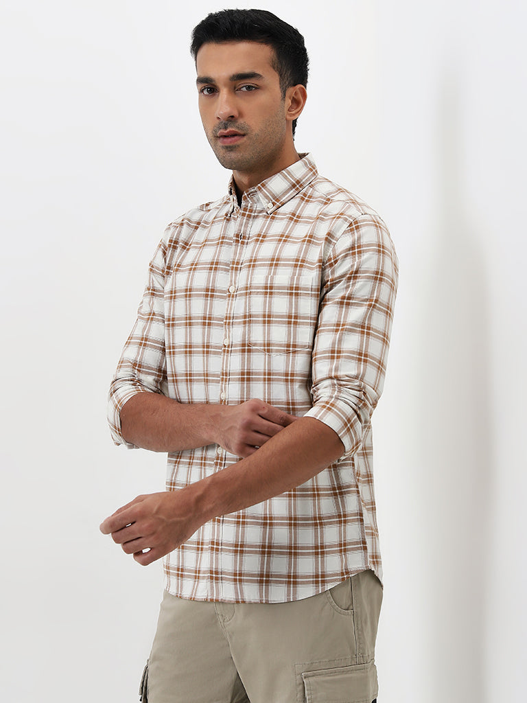 WES Casuals Light Brown Checks Design Slim Fit Cotton Shirt