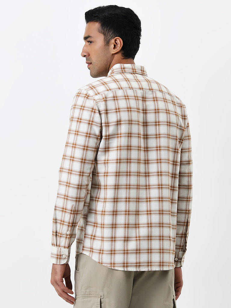 WES Casuals Light Brown Checks Design Slim Fit Cotton Shirt