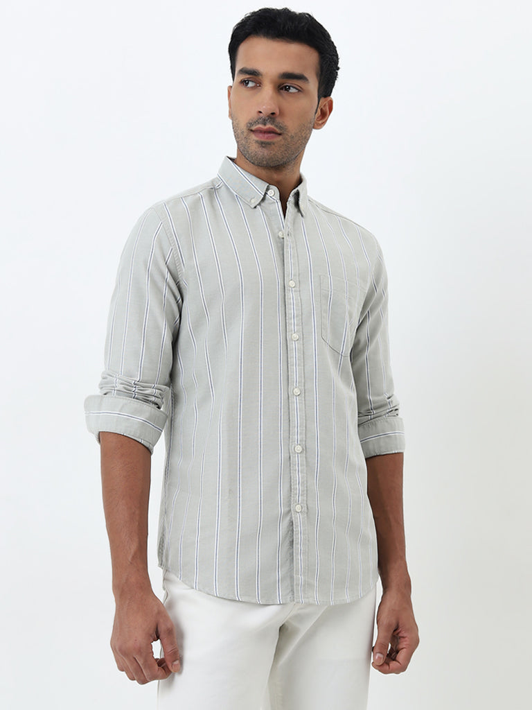 WES Casuals Sage Striped Slim-Fit Cotton Shirt