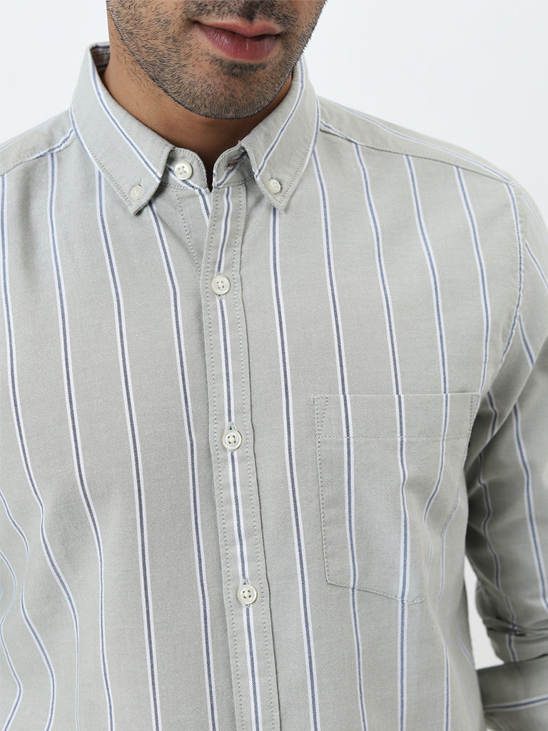 WES Casuals Sage Striped Slim-Fit Cotton Shirt