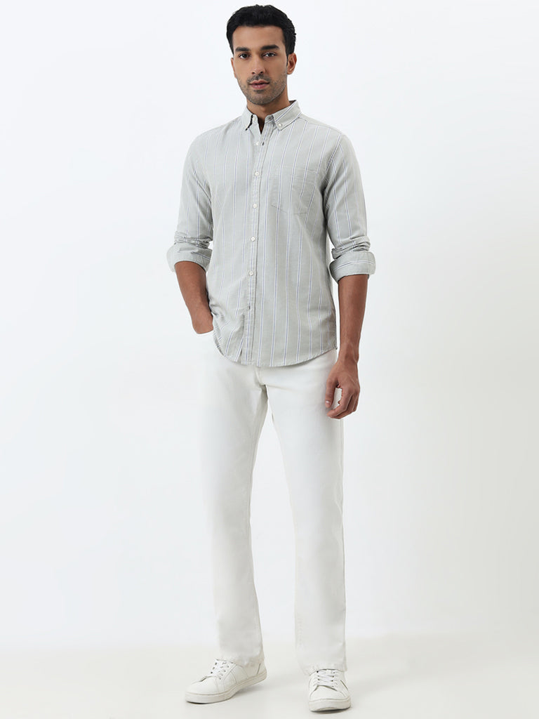 WES Casuals Sage Striped Slim-Fit Cotton Shirt