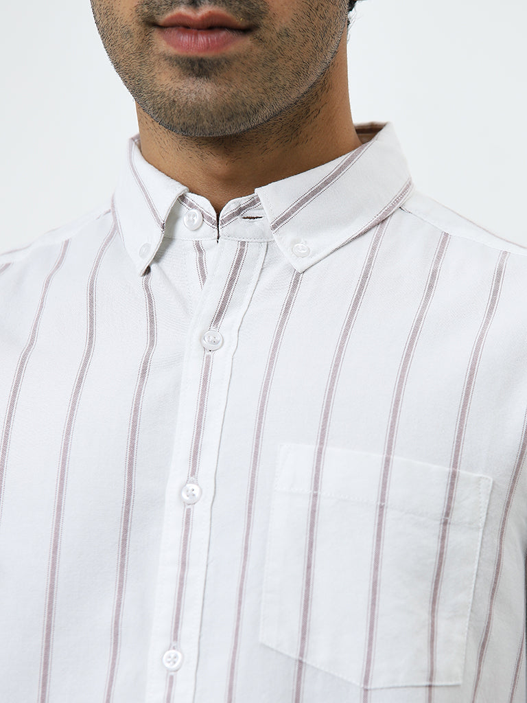 WES Casuals White Striped Slim-Fit Cotton Shirt