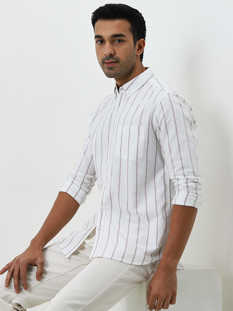 WES Casuals White Striped Slim-Fit Cotton Shirt